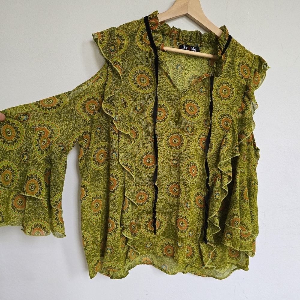 Olive Green Cold-Shoulder Ruffle Blouse - Picture 2 of 15